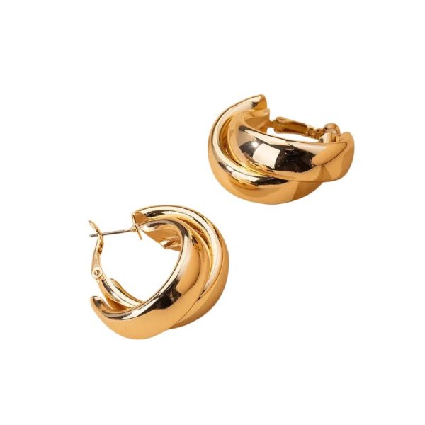 עגילי חישוק עבים מפלדת אל-חלד לנשים בצבע זהב עם טבעת כפולה