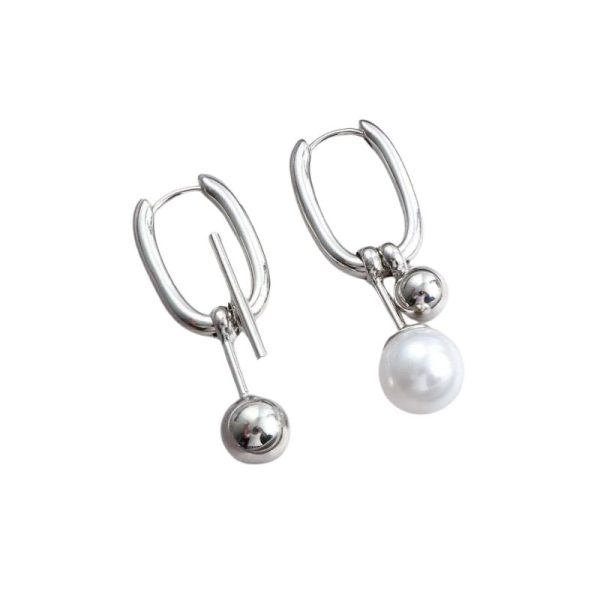 עגילי טיפוס מתכת בצורת U עם פנינה לנשים בצבע כסף מינימליסטי